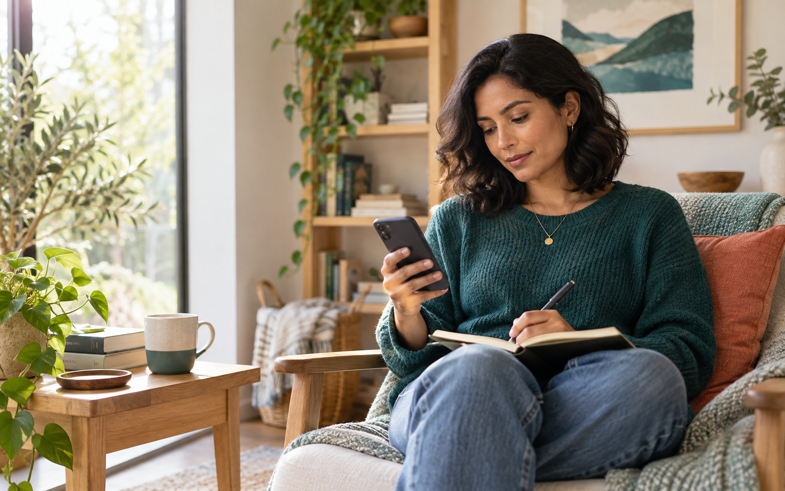 A reader calmly checks a health article on a smartphone while making notes at home