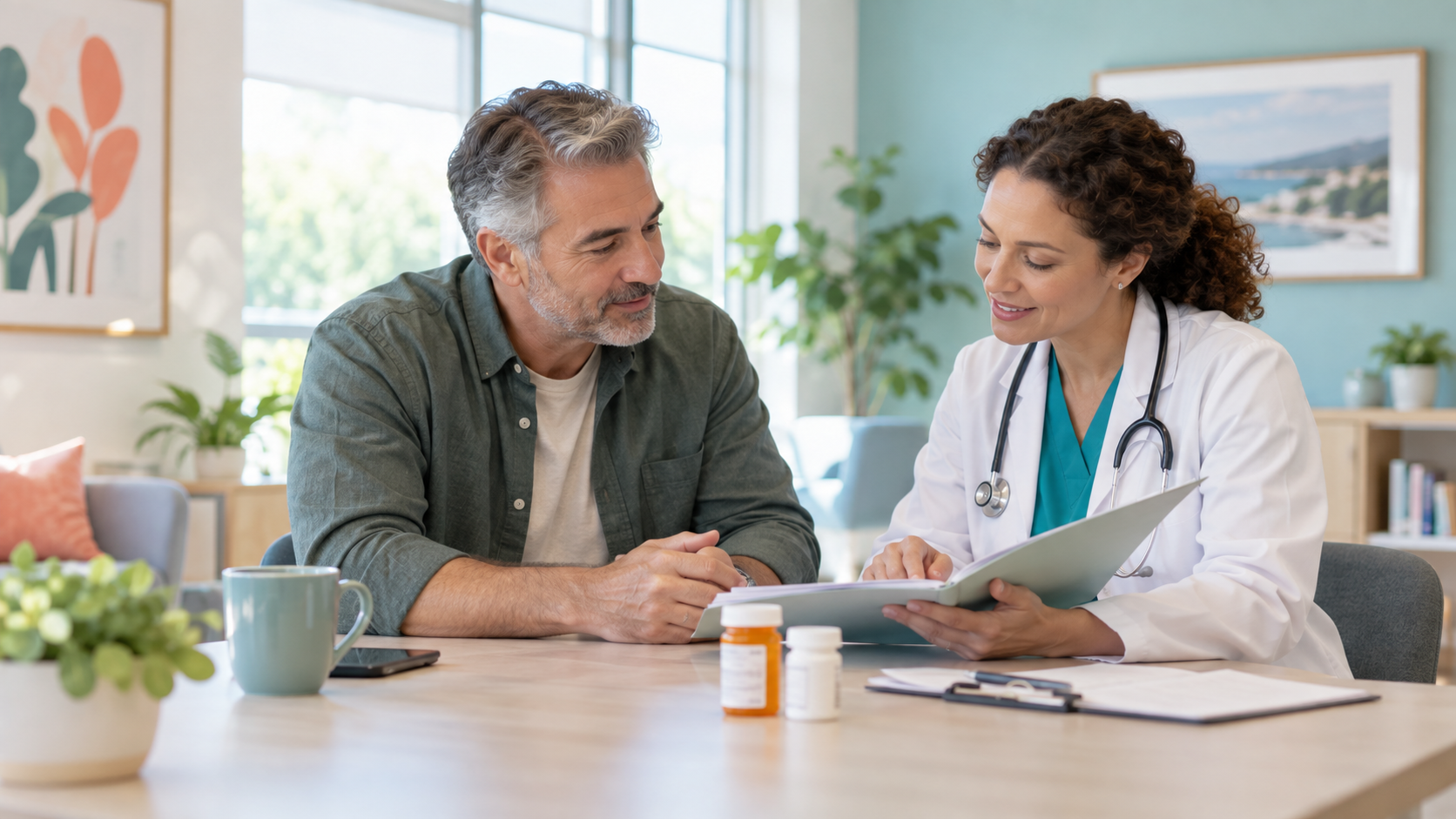 An adult and healthcare professional reviewing a care folder together in a bright consultation room
